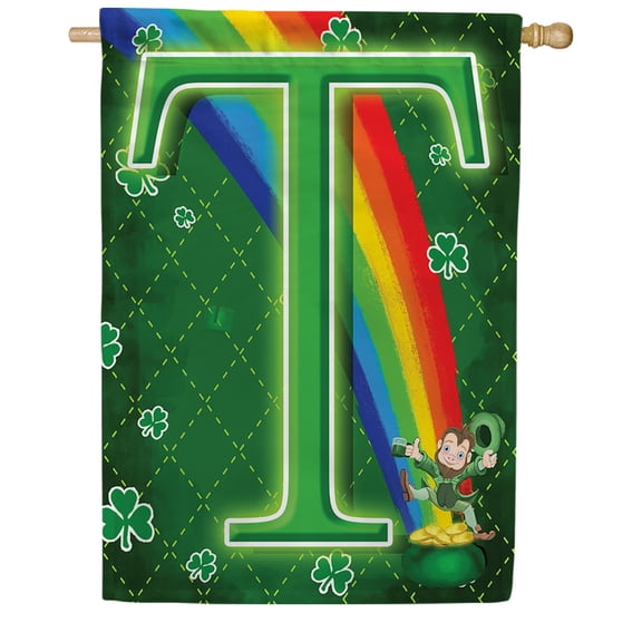 America Forever Leprechaun Rainbow House Flag Monogram T, 28 x 40 inch Double Sided, St Patricks Day Decor, Irish Lucky Charm Rainbow Shamrock, Spring Holiday Yard Decoration