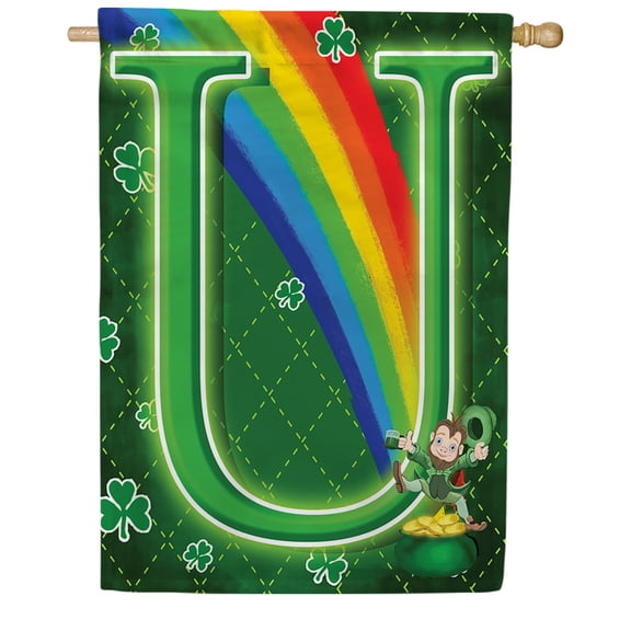 America Forever Leprechaun Rainbow House Flag Monogram U, 28 x 40 inch Double Sided, St Patricks Day Decor, Irish Lucky Charm Rainbow Shamrock, Spring Holiday Yard Decoration