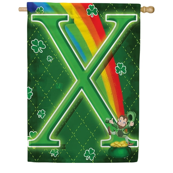 America Forever Leprechaun Rainbow Monogram X House Flag, 28 x 40 inch Double Sided, St Patrick's Day Irish Letter X Shamrock Pot of Gold Rainbow Outdoor Yard Decor