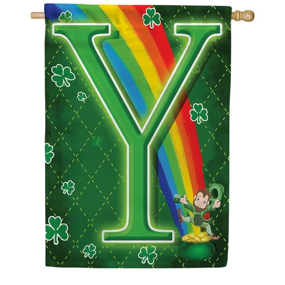 America Forever Monogram St. Patrick's Day House Flag 28 x 40 Inch Letter Y Double Sided Yard Outdoor Decoration Lucky Clover Shamrocks St. Patrick's Day Leprechaun Pot of Gold Flag