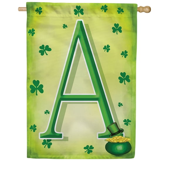 America Forever St Patty's Pot O Gold House Flag Monogram A, 28 x 40 inch Double Sided, St Patricks Day Irish Decor, Lucky Clover Rainbow Gold Coins, Holiday Yard Flag