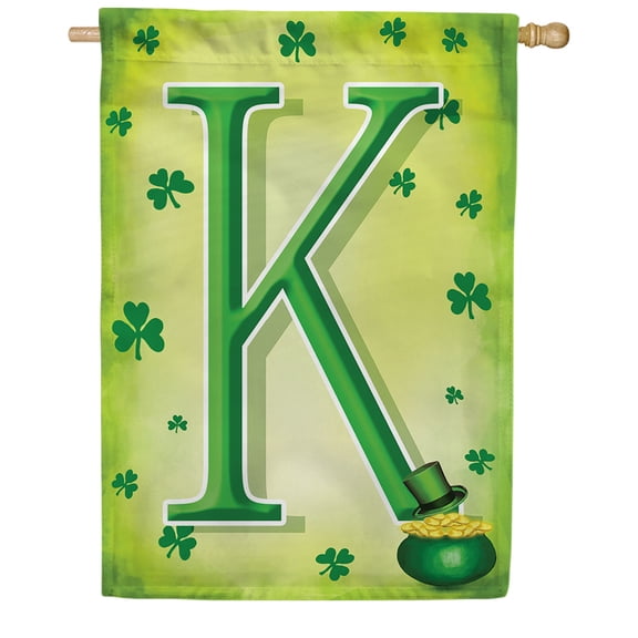 America Forever Monogram St. Patrick's Day Letter K House Flag 28 x 40 Inch Double Sided Yard Outdoor Decoration St. Patrick's Day Lucky Clover Shamrocks Leprechaun Pot of Gold Flag