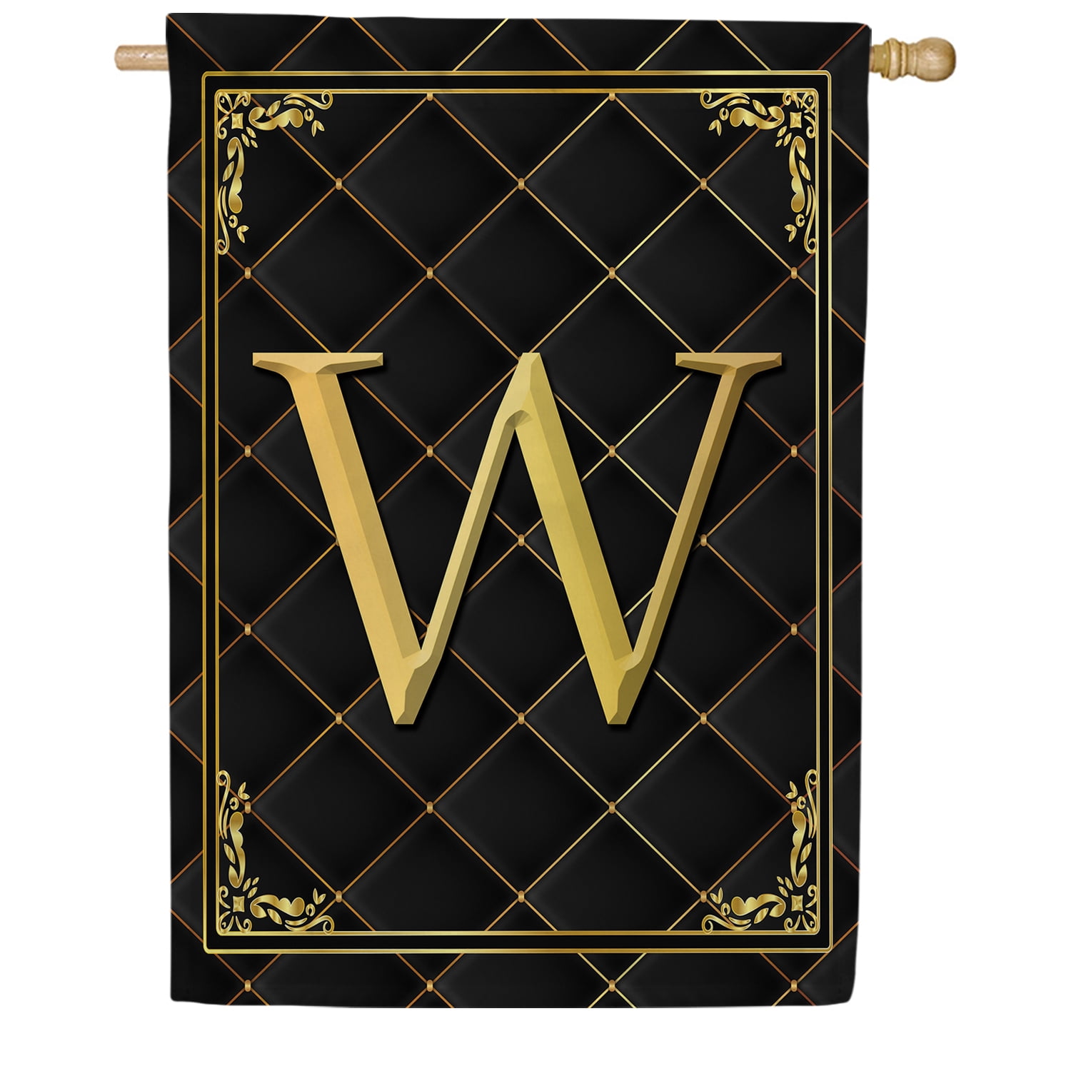 America Forever Monogram W House Flag, 28 x 40 inch Double Sided, Black Gold Quilted Design, Decorative Letter W Flag, Elegant Monogrammed Banner, Personalized Initial Outdoor Decor, Yard Flag