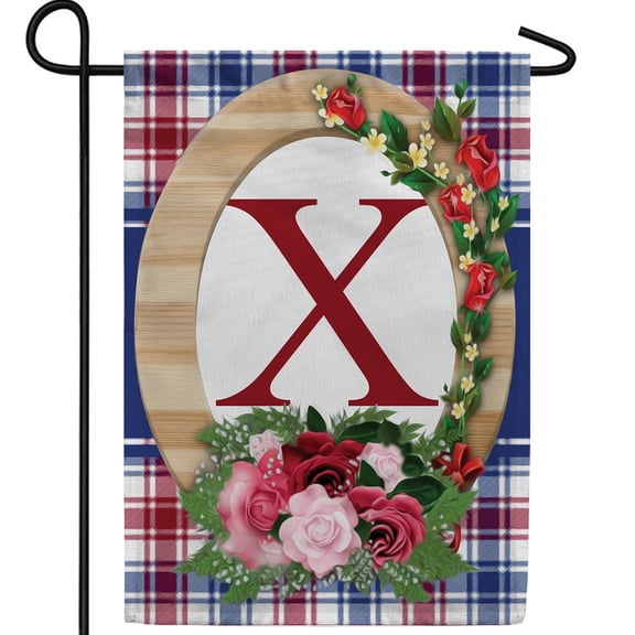 America Forever Monogram X Garden Flag, 12.5 x 18 inch Double Sided, Letter X with Roses, Floral Initial Flag, Plaid Background, Personalized Yard Decor