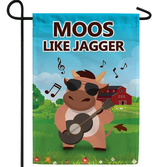 America Forever Moos Like Jagger Garden Flag, 12.5 x 18 inch Double Sided, Funny Cow Flag, Farm Animal Pun, Music Humor, Country Life Yard Decor