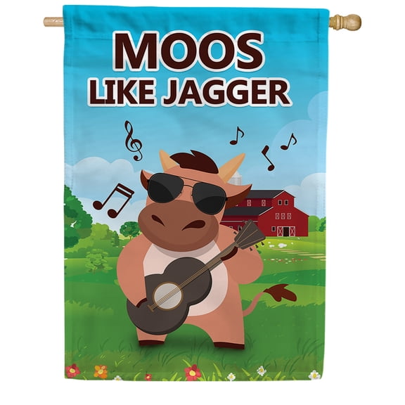 America Forever Moos Like Jagger House Flag, 28 x 40 inch Double Sided, Funny Cow Flag, Farm Animal Pun, Music Humor, Country Life Yard Decor