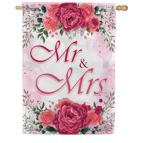 America Forever Mr & Mrs House Flag, 28 x 40 inch Double Sided, Wedding Celebration Flag, Floral Rose Design, Marriage Announcement, Bridal Yard Decor