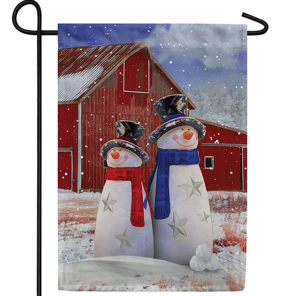 America Forever Mr Mrs Patriotic Snowman Garden Flag, 12.5 x 18 inch Double Sided, Country Farm Banner, Red Barn Outdoor Decor, Snowman Couple Flag, Winter Yard Decoration