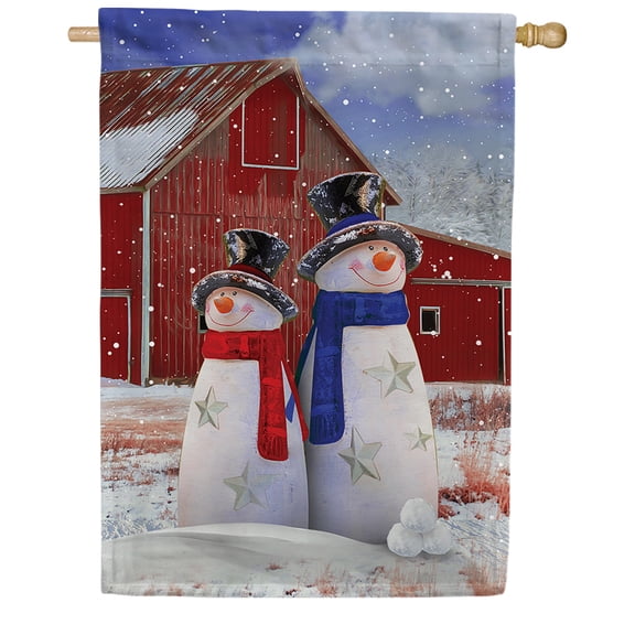 America Forever Mr & Mrs. Patriotic Snowman House Flag, 28 x 40 inch Double Sided, Snowman Couple Scarfs Top Hats, Red Barn Background, Country Farm Winter, Holiday Outdoor Decoration