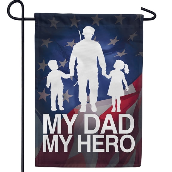 America Forever My Dad My Hero Garden Flag, 12.5 x 18 Inch Double Sided, Military Father Soldier Dad Flag, Patriotic American Flag Kids Family
