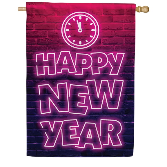 America Forever Neon New Year House Flag, 28 x 40 inch Double Sided, Happy New Year Celebration Decoration, Pink Purple Lights Brick Wall, Modern Party Banner, Holiday Countdown Decor