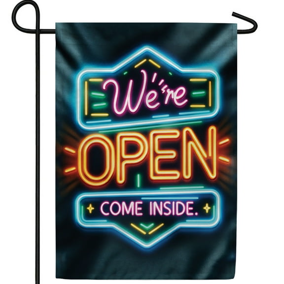 America Forever Neon Open Sign Garden Flag, 12.5 x 18 inch Double Sided, Electric Business Banner, Retro Welcome Decor, Outdoor Shop Sign Flag