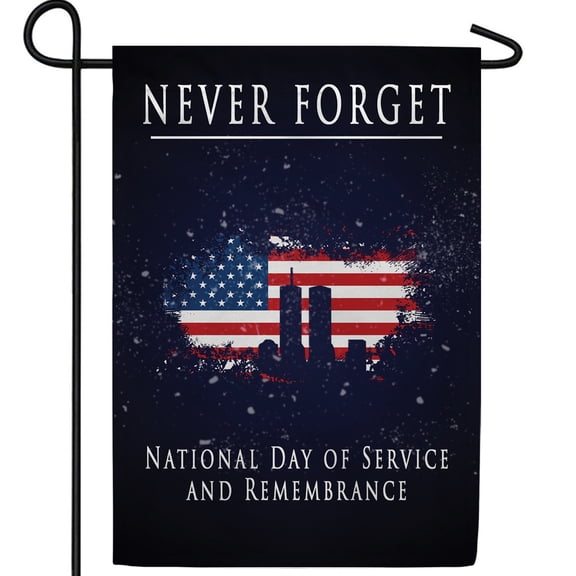 America Forever Never Forget Garden Flag, 12.5 x 18 inch Double Sided, 9/11 Memorial Patriotic Flag, National Day of Service and Remembrance, Twin Towers American Flag Yard Decor
