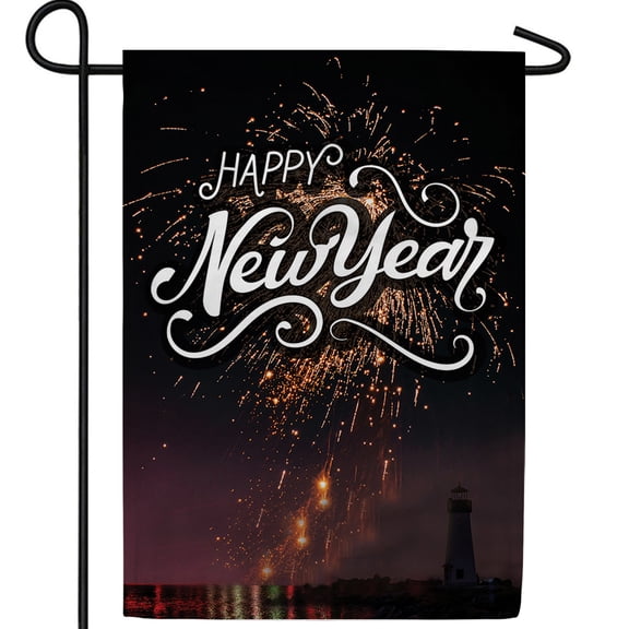 America Forever New Year Harbor Lighthouse Double Sided Garden Flag, 12.5 x 18 inch, Coastal Celebration Banner, Fireworks Silhouette Outdoor Decor, Unique Yard Flag