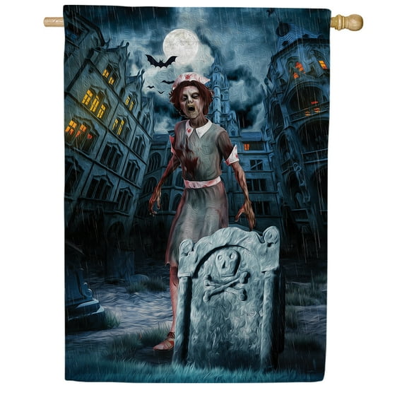 America Forever Nurse House Flag for Halloween Double Sided Vertical 28 x 40 inches for Outdoor, Yard, Lawn Halloween Decor Halloween Zombie House Flag, Graveyard Halloween Decor