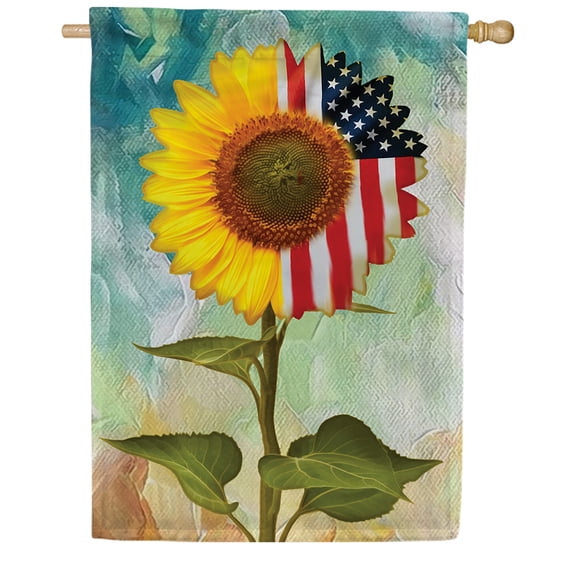 America Forever Old Glory Sunflower House Flag, 28 x 40 inch Double Sided, Patriotic Banner, USA Half Flower Canvas Artistic Outdoor Decor, Garden Yard Flag