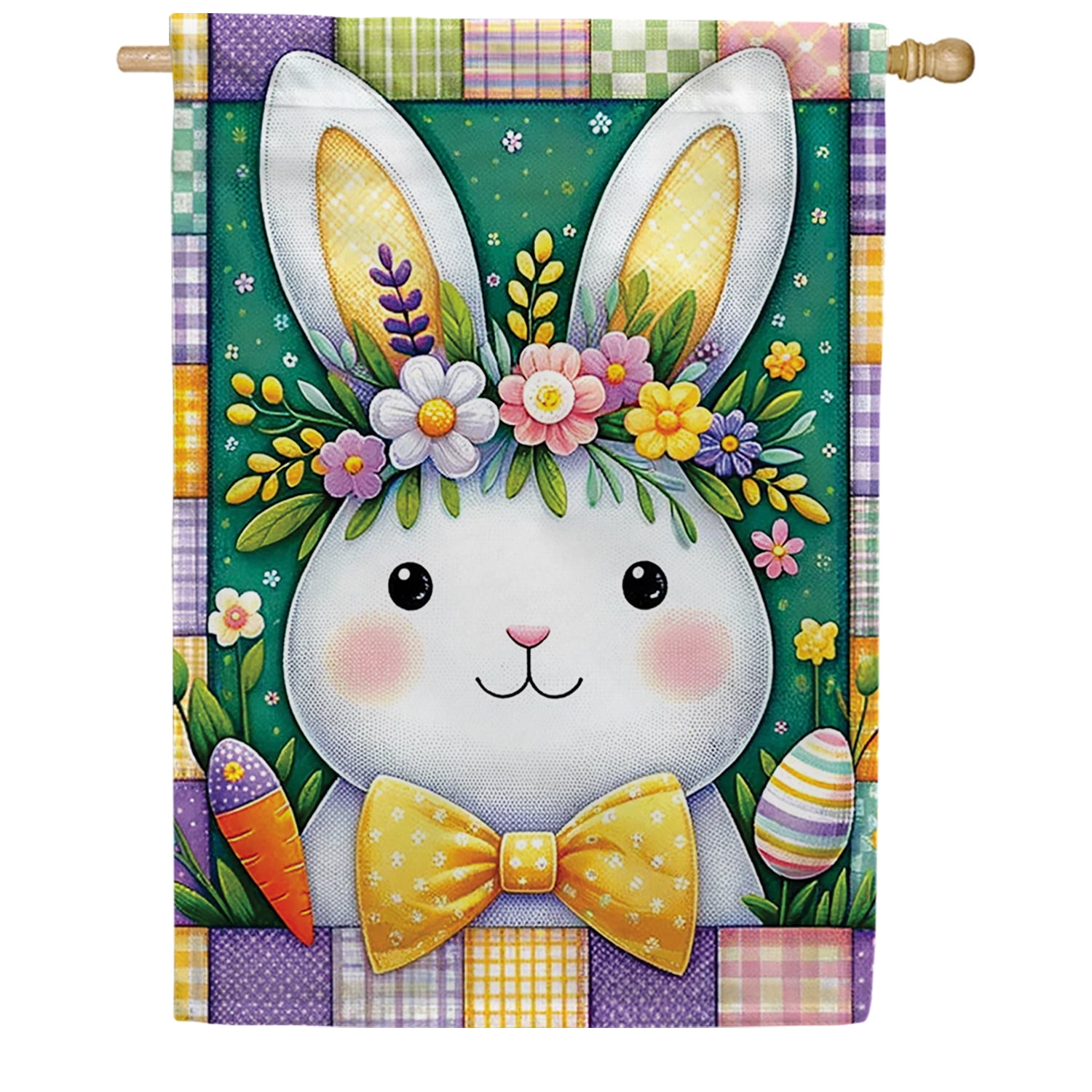 America Forever Patchwork Easter Bunny House Flag, 28 x 40 inch Double Sided, Quilted Bunny Portrait Flag, Country Easter Decor, Spring Patchwork Yard Flag