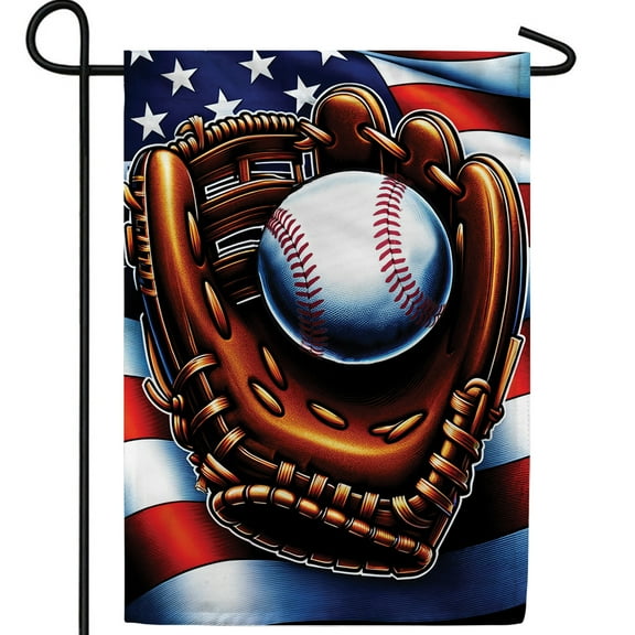 America Forever Patriotic Baseball Glove Garden Flag, 12.5 x 18 inch Double Sided, American Flag Sports Banner, MLB Patriotic Decor, Baseball Flag