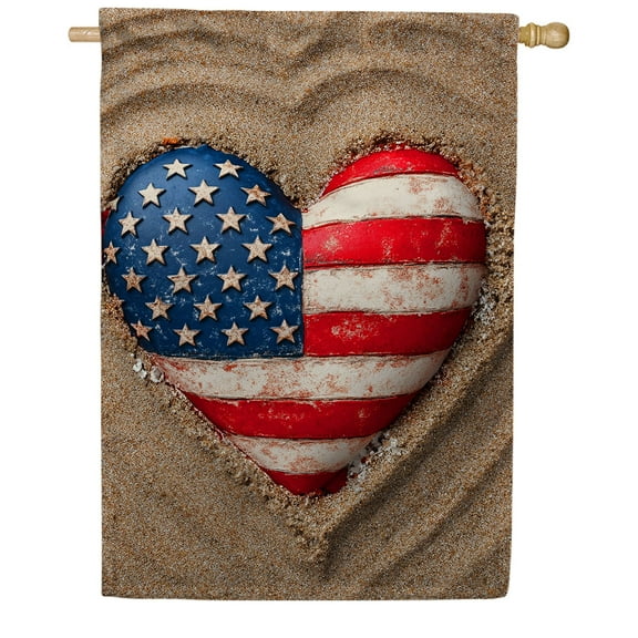 America Forever Patriotic Beach Heart House Flag, 28 x 40 inch Double Sided, USA Sand, Coastal Americana Decor, Summer Banner
