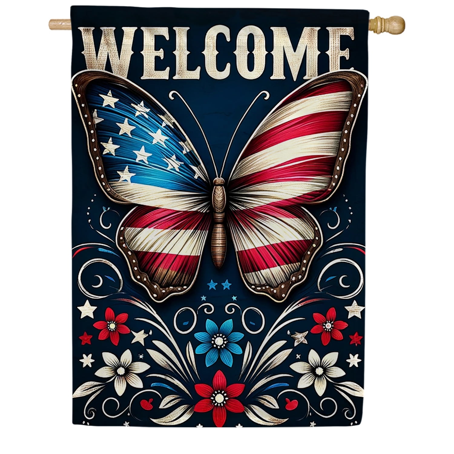 America Forever Patriotic Butterfly House Flag, 28x 40 inch Double Sided, Stars and Stripes USA 4th Of July Yard Flags for Outside Independence Day Fourth of July Decorations Outdoor Welcome Flag