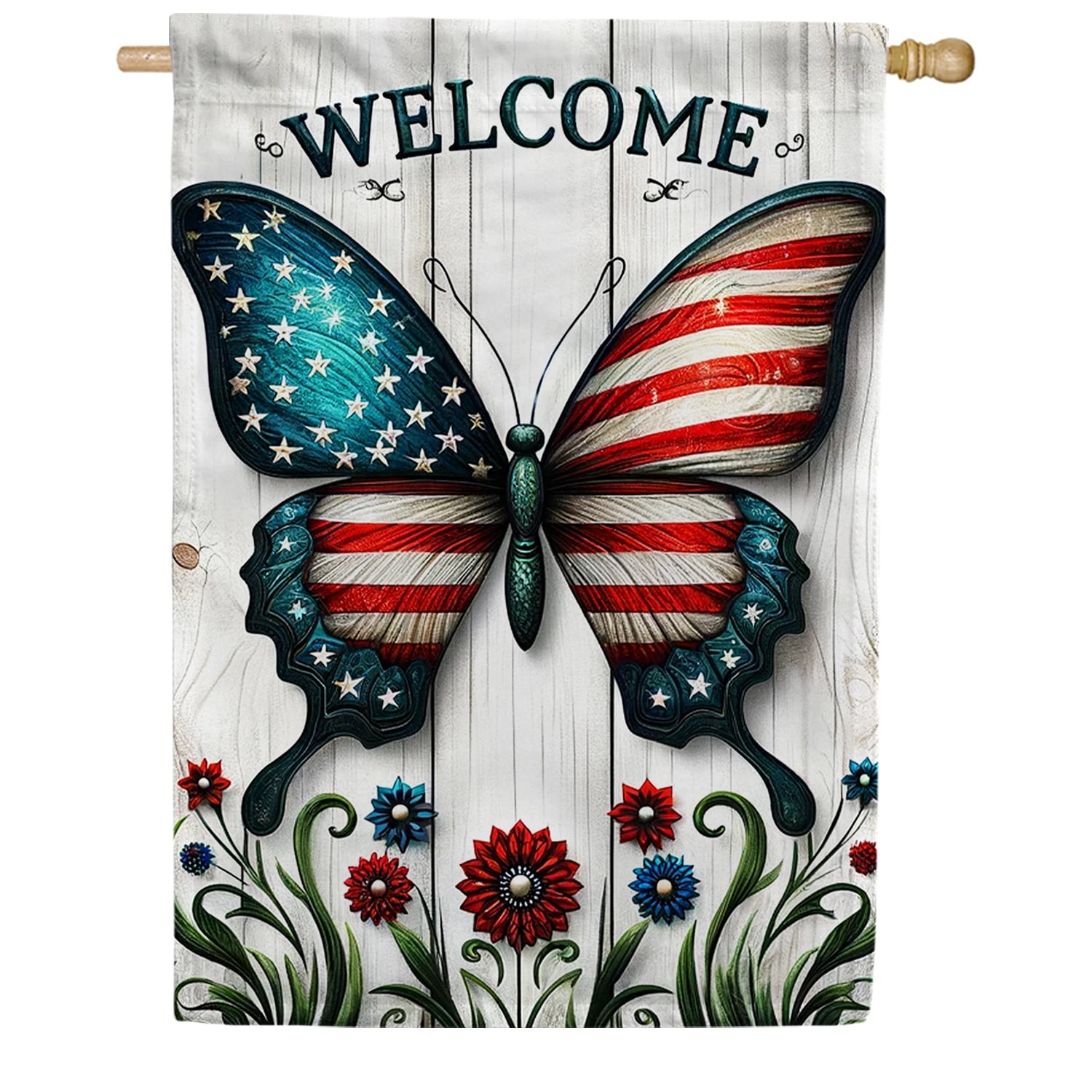 America Forever Patriotic Butterfly House Flag, 28x40 inch Double Sided, American 4th Of July Yard Flags for Outside Independence Day Fourth of July Decorations Outdoor Welcome Flag