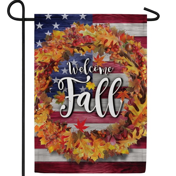 America Forever Patriotic Fall Welcome Garden Flag, 12.5 x 18 inch Double Sided, Autumn Leaves Wreath, USA Flag Background, Seasonal Outdoor Decor, Thanksgiving Yard Flag