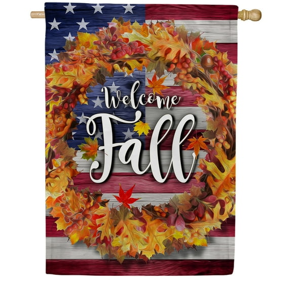 America Forever Patriotic Fall Welcome House Flag, 28 x 40 inch Double Sided, Autumn Leaves Wreath, USA Flag Background, Seasonal Outdoor Decor, Thanksgiving Yard Flag