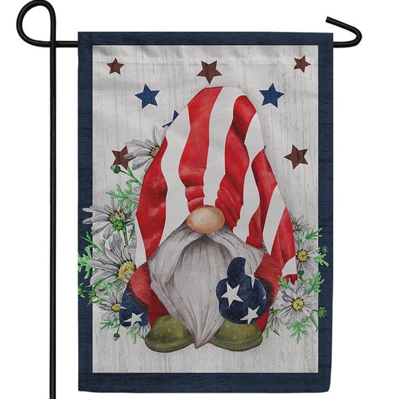 America Forever Flag Draped Gnome Double Sided Garden Flag, 12.5 x 18 inch, Patriotic Garden Gnome Banner, Red Blue Stars Daisies Outdoor Decor, USA Yard Flag
