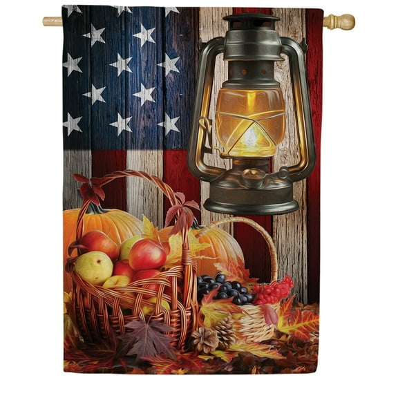 America Forever Patriotic Harvest House Flag, 28 x 40 inches Double Sided, Rustic Lantern and USA Flag Garden Flag, Thanksgiving Fall Seasonal Outdoor Decor, Holiday Outside Yard Decorations