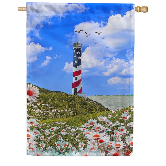 America Forever Patriotic Lighthouse Daisy Summer House Flag 28 x 40 inches Fourth of July Tropical Coastal White Floral Double Sided Seasonal Yard Outdoor Decorative Memorial Day House Flag