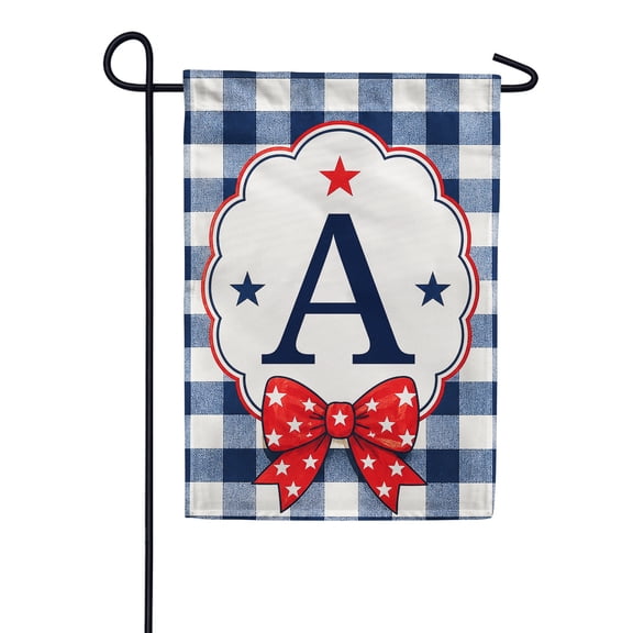 America Forever Patriotic Monogram Letter A Garden Flag, 12.5 x 18 inch Double Sided, Buffalo Plaid Initial Flag with Stars and Bow, 4th of July Summer Outdoor Yard Decor
