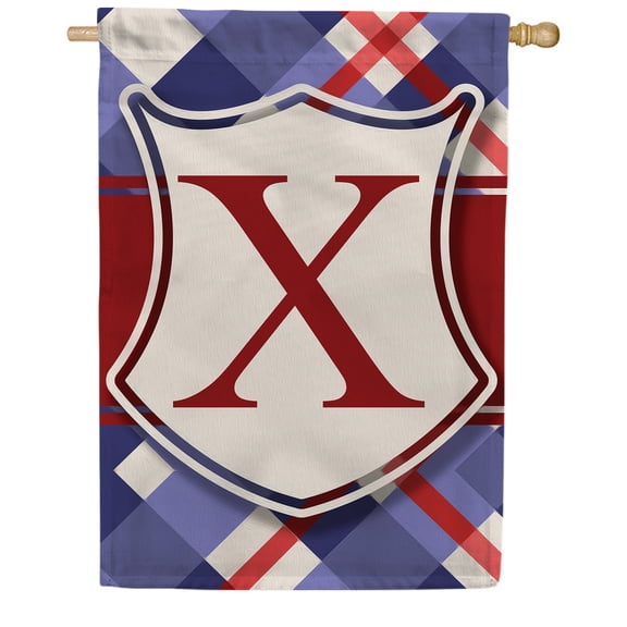 America Forever Patriotic Shield Monogram X House Flag, 28 x 40 inch Double Sided, Red White Blue Letter X Flag, USA Shield Decorative Outdoor Yard Art, Memorial Day 4th of July Decor