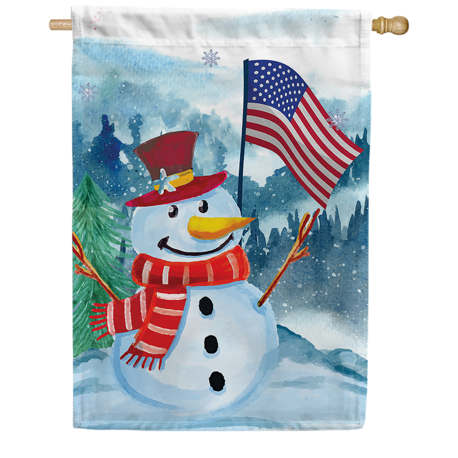 America Forever Patriotic Snowman House Flag, 28 x 40 inch Double Sided, Snowman Scarf Top Hat US Flag, Winter American Pride Banner, Holiday Outside Decorations Yard Flag