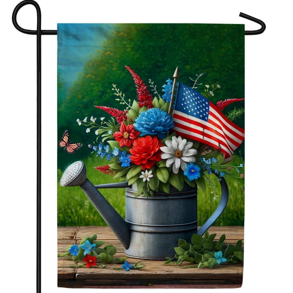 America Forever Patriotic Watering Can Garden Flag Double Sided, 12.5 x 18 inch 4th July Red White Blue Flowers Flag, American Flag Garden Decor, Memorial Day Yard Flag