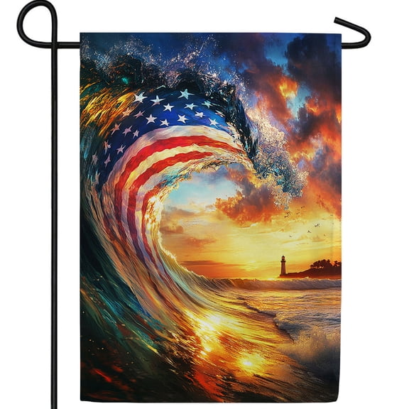 America Forever Patriotic Wave Lighthouse Garden Flag, 12.5 x 18 inch Double Sided, American Flag Ocean Wave Beach Lighthouse Sunset 4th of July Nautical Outdoor Decor
