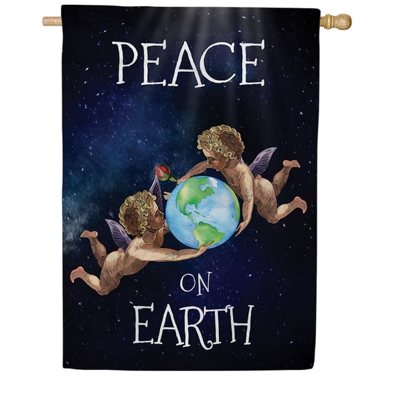 America Forever Peace On Earth Angels House Flag, 28 x 40 inch Double Sided, Angels Holding Earth Starry Sky, Religious Holiday Banner, Christmas Seasonal Outdoor Decoration Meaningful