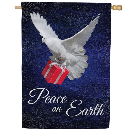 America Forever Peace On Earth Dove With Banner, 28 x 40 inch Double Sided, Holiday Banner, White Bird Flying Present Blue Background Outdoor Decor, Christmas Yard Flag