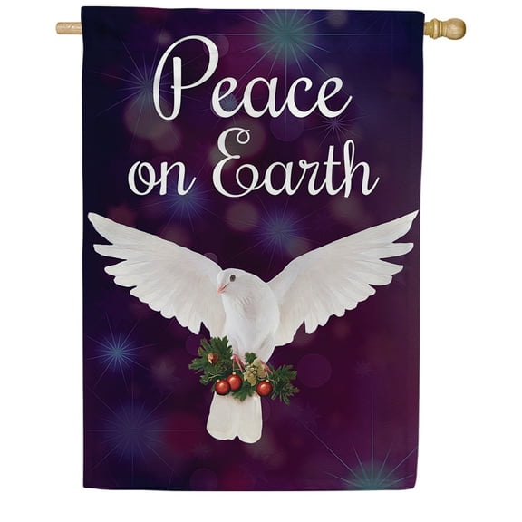 America Forever Peace On Earth Dove Holly House Flag, 28 x 40 inch Double Sided, Peace On Earth Dove Christmas Decor, Purple Background Holly, Religious Holiday Banner Elegant Outdoor Scene