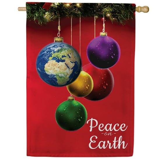 America Forever Peace On Earth Ornaments House Flag, 28 x 40 inch Double Sided, Peace On Earth Christmas Baubles, Colorful Globe Ornament Tree, Holiday Festive Banner Meaningful Decoration