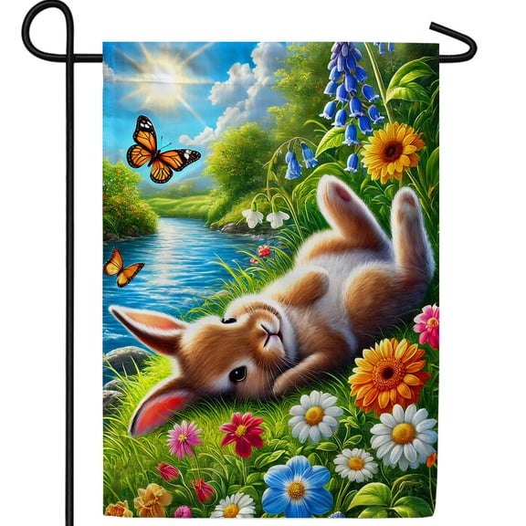 America Forever Peaceful Bunny Butterfly Garden Flag, 12.5 x 18 inch Double Sided, Rabbit Wildflowers Stream Nature Scene, Spring Summer Seasonal Outdoor Decor, Wildlife Flag