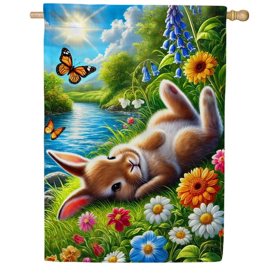 America Forever Peaceful Bunny Butterfly House Flag, 28 x 40 inch Double Sided, Rabbit Wildflowers Stream Nature Scene, Spring Summer Seasonal Outdoor Decor, Wildlife Flag