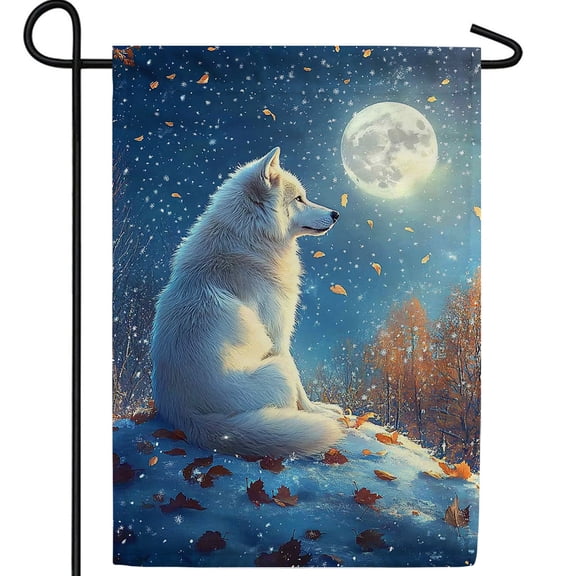 America Forever Peaceful Wolf Moonlight Garden Flag, 12.5 x 18 inch Double Sided, Wolf Full Moon Autumn Leaves Snow, Wildlife Nature Outdoor Decor, Wilderness Flag