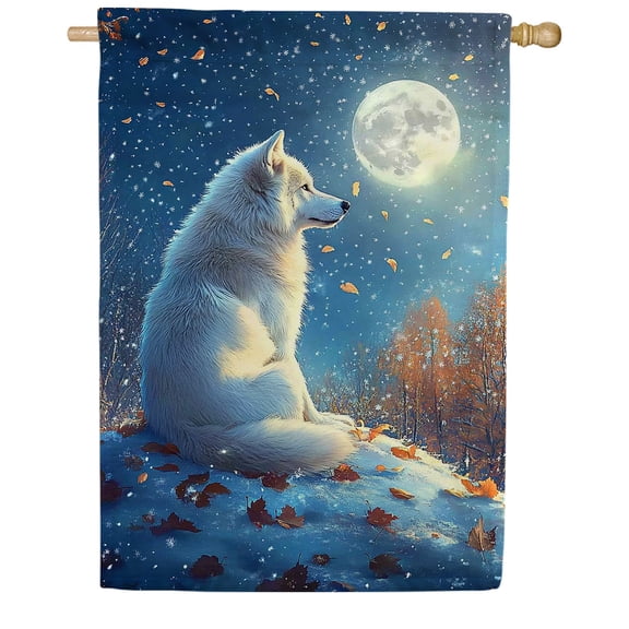 America Forever Peaceful Wolf Moonlight House Flag, 28 x 40 inch Double Sided, Wolf Full Moon Autumn Leaves Snow, Wildlife Nature Outdoor Decor, Wilderness Flag