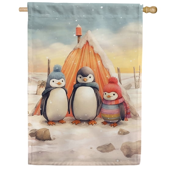 America Forever Penguin Hut Camping Colony Double Sided House Flag, 28 x 40 inch Winter Scarf Banner, Seasonal Outdoor Decor, Holiday Outside Decorations Yard