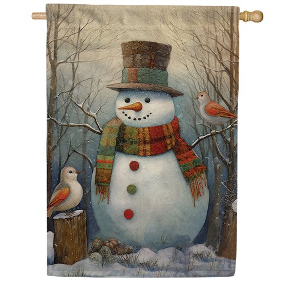 America Forever Plaid Snowman Bird Friends Double Sided House Flag, 28 x 40 inch Winter Scarf Banner, Seasonal Outdoor Decor, Holiday Outside Decorations Yard
