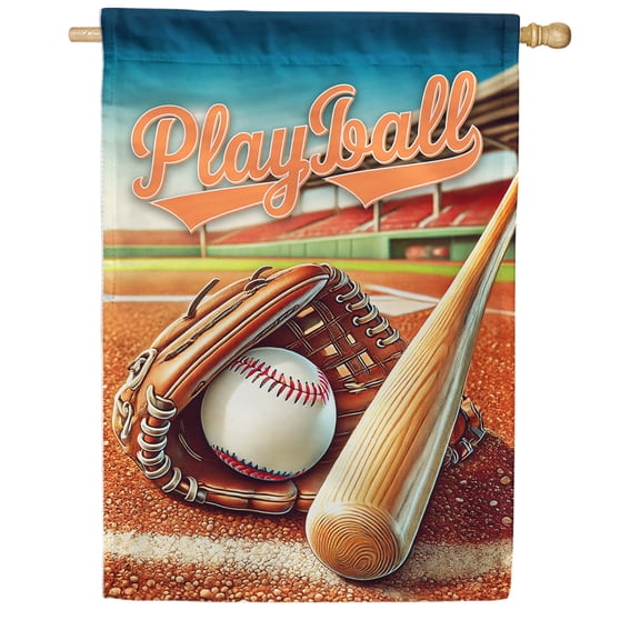 America Forever Playball Baseball House Flag, 28 x 40 inch Double Sided, Baseball Glove Bat Banner, Stadium Diamond Sports Outdoor Yard Decorations