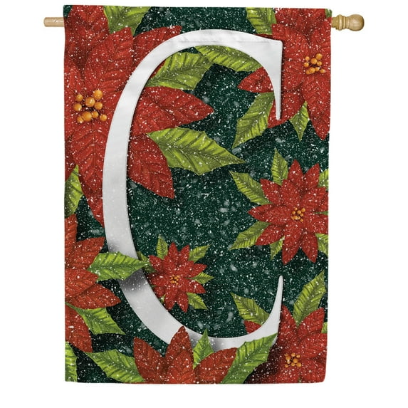 America Forever Poinsettia Christmas Monogram Letter C House Flag 28 x 40 inch Double Sided, Poinsettia Winter Flag, Floral Xmas Holiday Seasonal Outdoor Yard Decorations