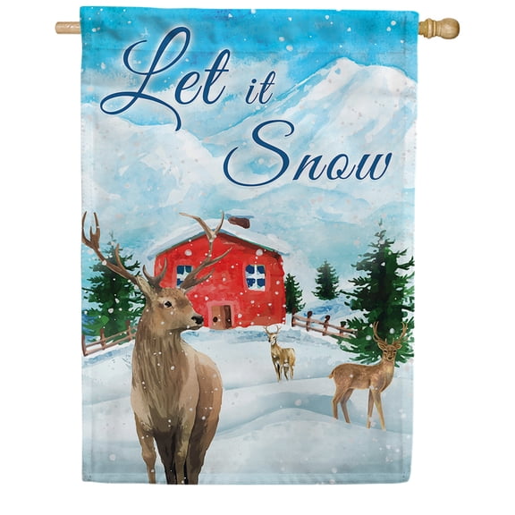 America Forever All Points To Winter House Flag, 28 x 40 inch Double Sided, Cabin Snowy Forest Reindeer, Woodland Scene Banner, Holiday Outside Decorations Yard Flag