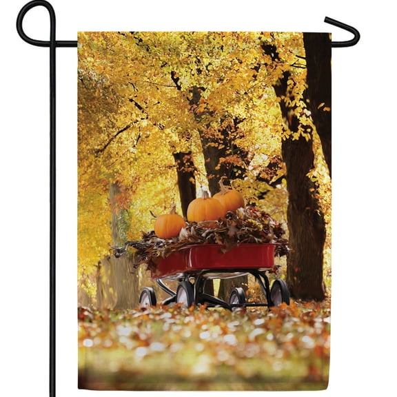 America Forever Pumpkin Wagon Garden Flag, 12.5 x 18 inches Double Sided, Pumpkin Harvest, Fall Leaves, Red Wagon with Pumpkins, Fall Outdoor Seasonal Flags Decorative for Yard, Lawn, Garden Decor