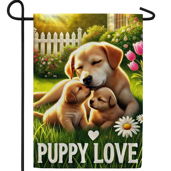 America Forever Puppy Love Garden Flag, 12.5 x 18 inch Double Sided, Golden Retriever Family Puppies, Spring Garden Tulip Daisy, Mother Dog Love Flag